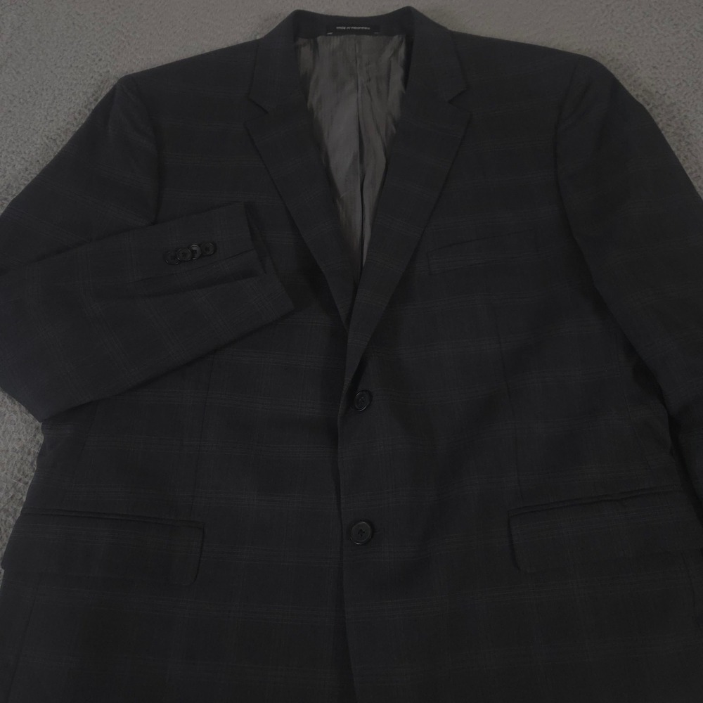 Awearness Kenneth Cole Sport Coat Mens 48R Charcoal Plaid Wool Blend Slim Fit